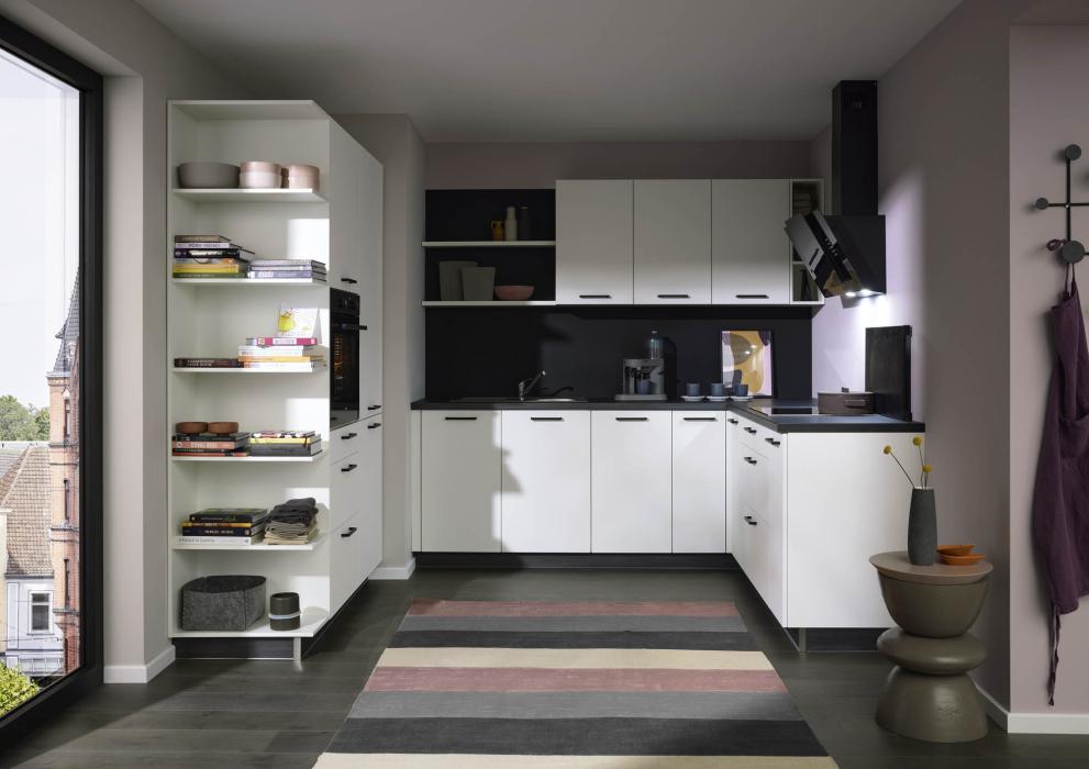 Einbauküche JETTE 275 inkl E-Geräte und Einbauspüle ca. 235 x 210 cm und 155 cm von Burger Seidenmatt Weiß