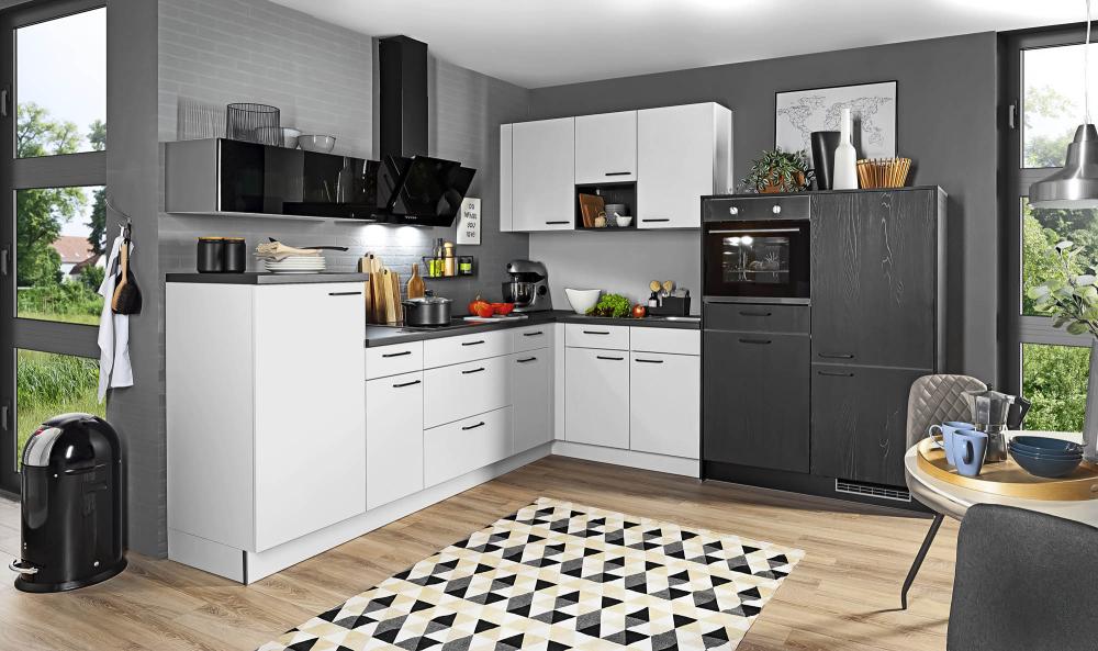 Einbauküche WINNY 039 inkl E-Geräte und Einbauspüle ca. 285 x 275 cm von Express Küchen hellgrau/Esche- Nachbildung schwarz