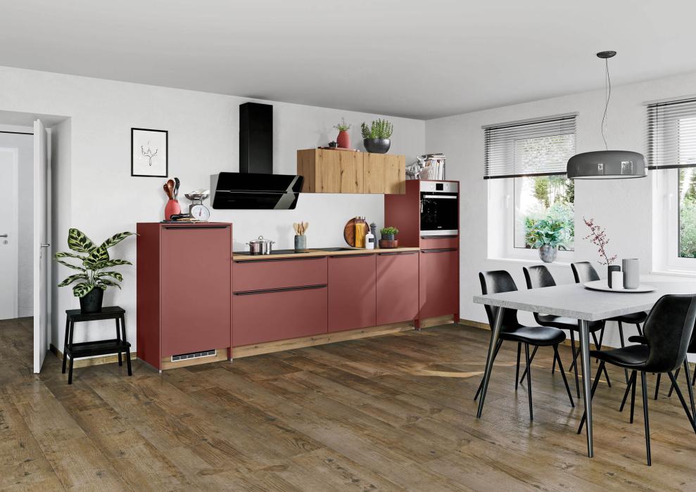 Einbauküche Win 01 inkl E-Geräte und Einbauspüle ca. 320 cm breit von Express Küchen Karminrot matt / Eiche NB astig