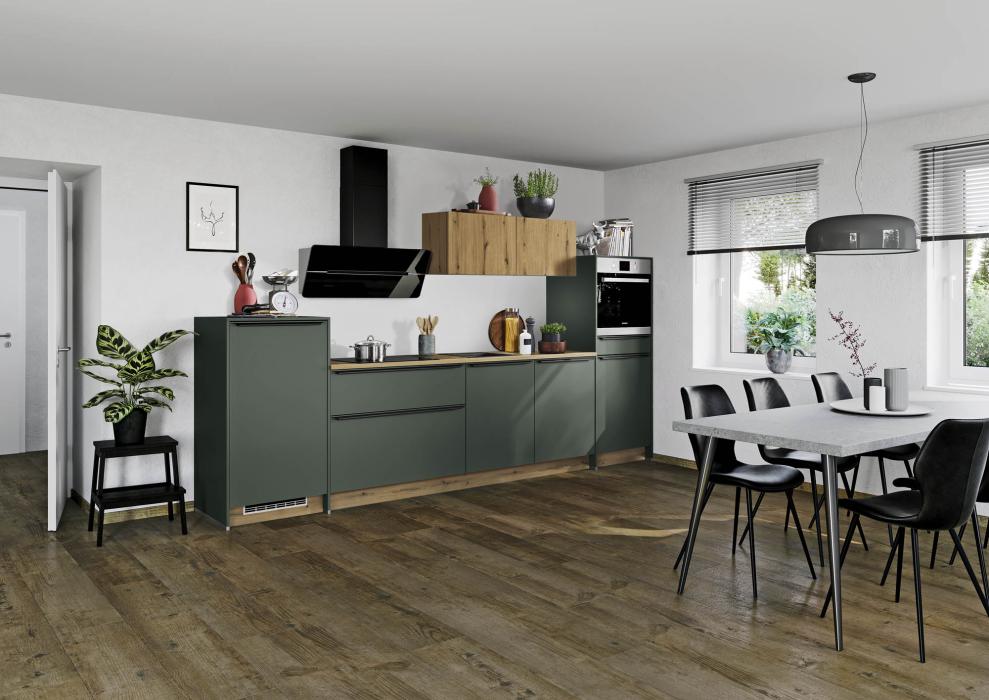 Einbauküche Win 01 inkl E-Geräte und Einbauspüle ca. 320 cm breit von Express Küchen Grün matt / Eiche NB astig
