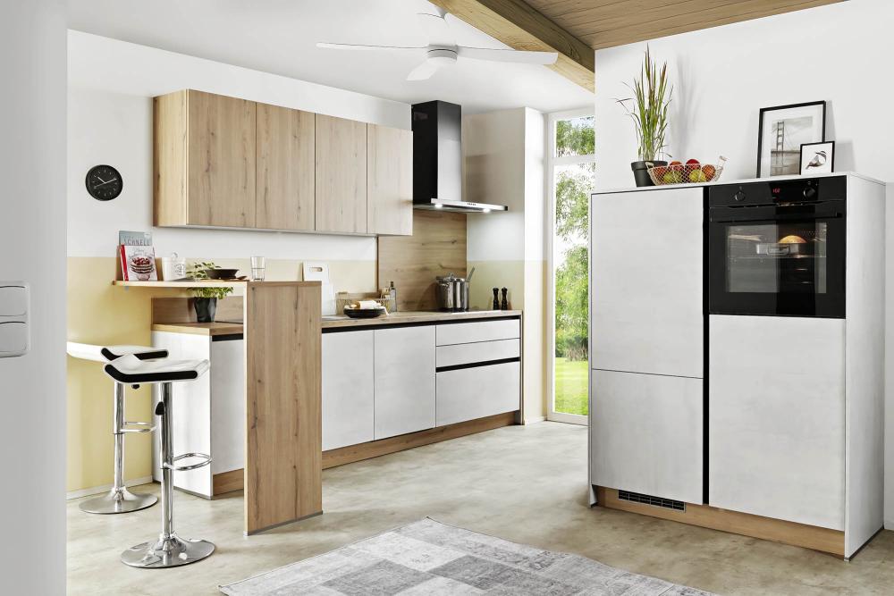 Einbauküche BASE B12 inkl E-Geräte und Einbauspüle ca. 280 + 185 cm von Express Küchen Steinweiß / Eiche NB astig