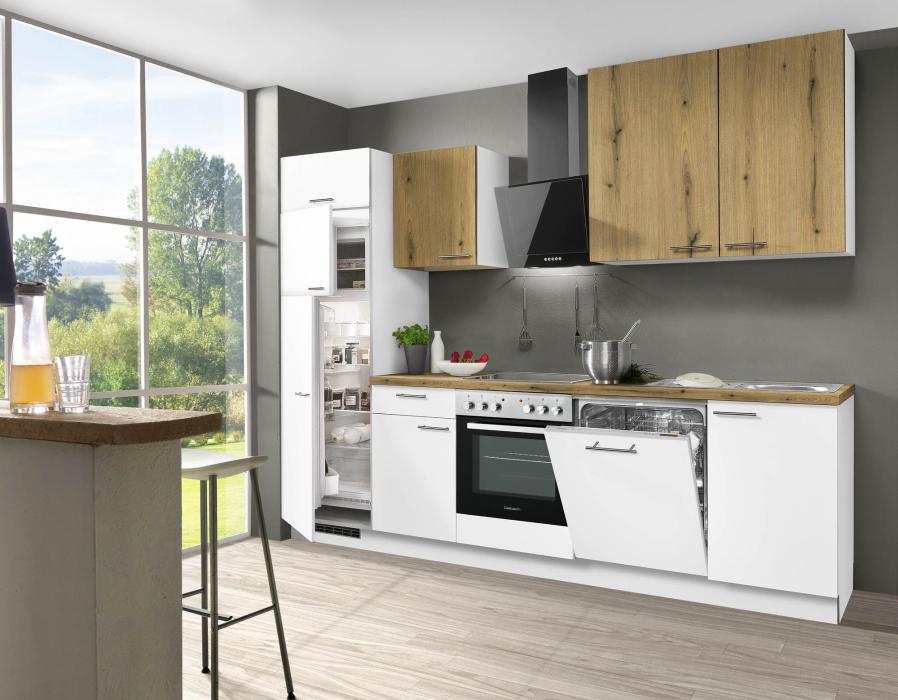 Einbauküche WINNY W01 inkl E-Geräte und Einbauspüle ca. 281 cm von Express matt weiß/ Eiche-Nachbildung astig