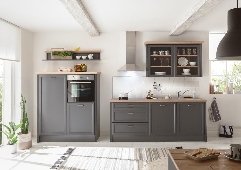 Küchenblock 340 cm inkl. Elektro-Set inkl. Einbaugeschirrspüler mit Regal Jasmin von Bega Korpus Anthrazit