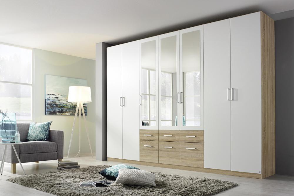 Kleiderschrank groß mit Spiegel und Schubladen BINGEN-EXTRA ORANGE Weiß / Eiche Sonoma