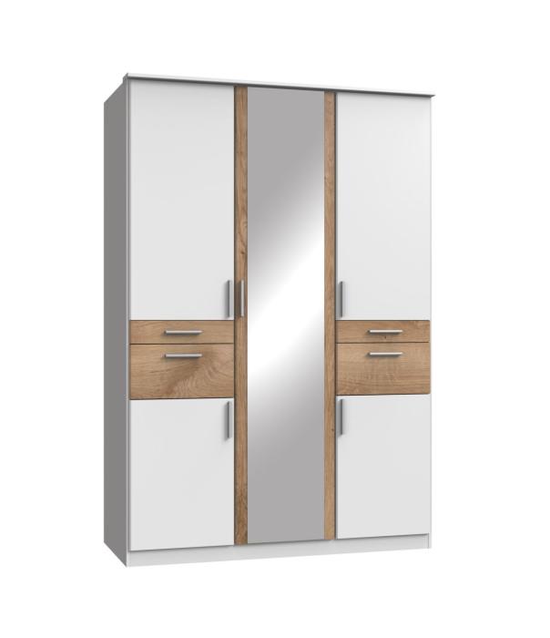 Kleiderschrank mit Spiegel und Schubladen 135 cm breit Weiß / Planken-Eiche NB KOBLENZ