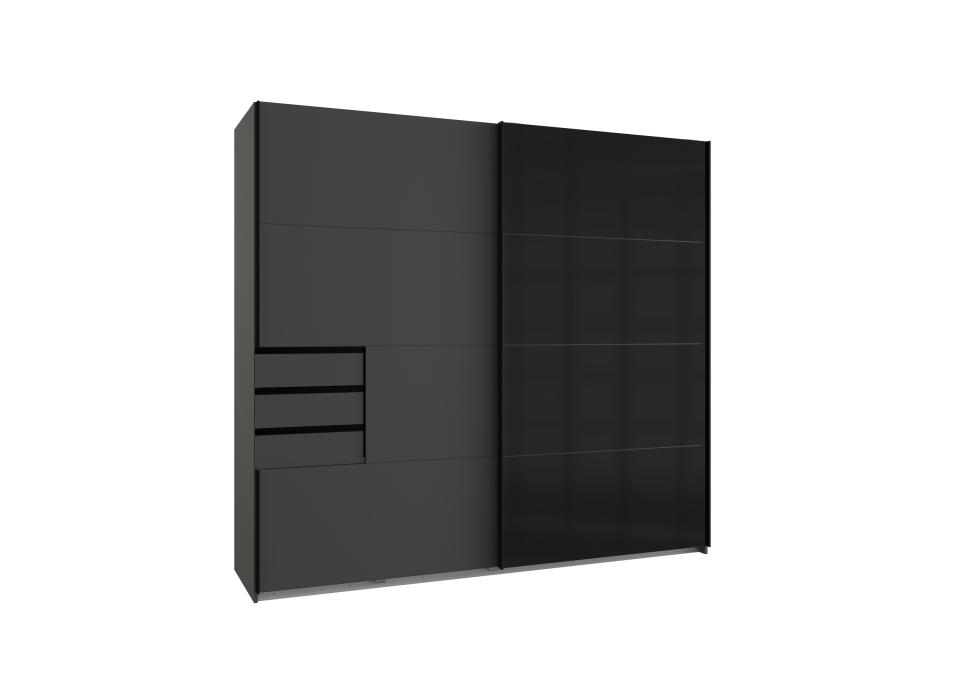 Kleiderschrank Schwarz Glas / Graphit mit Schubladen 225 cm breit SAIGON