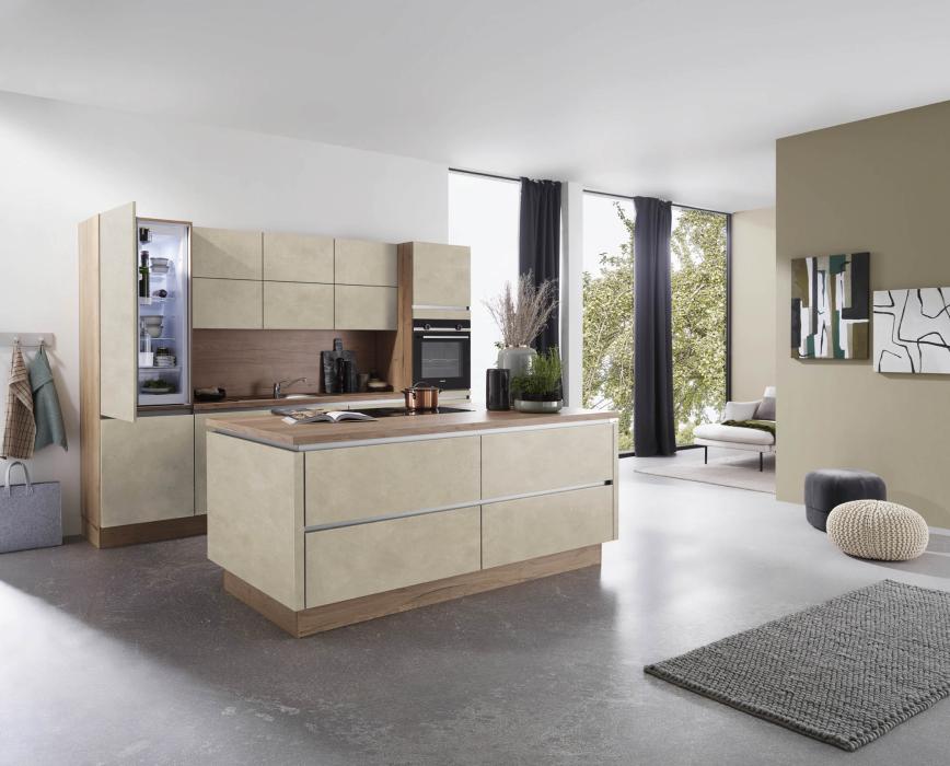 Küchenzeile mit Insel inkl E-Geräte BOSCH und Einbauspüle ca. 300 + 200 cm von Nobilia Betonoptik Seide / Sierra Eiche NB