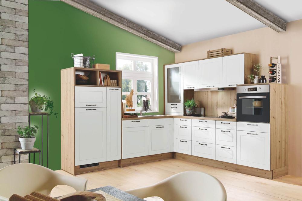 Einbauküche SOPHIE inkl E-Geräte und Einbauspüle ca. 278 x 275cm von Burger seidenmatt weiß/Natural Oak-Nachbildung