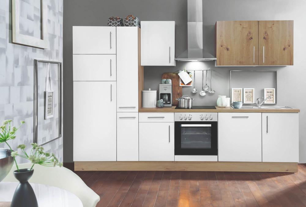 Einbauküche ALINA inkl E-Geräte und Einbauspüle ca. 310 cm von Menke Hochglanz weiß/Artisan Eiche-Nachbildung