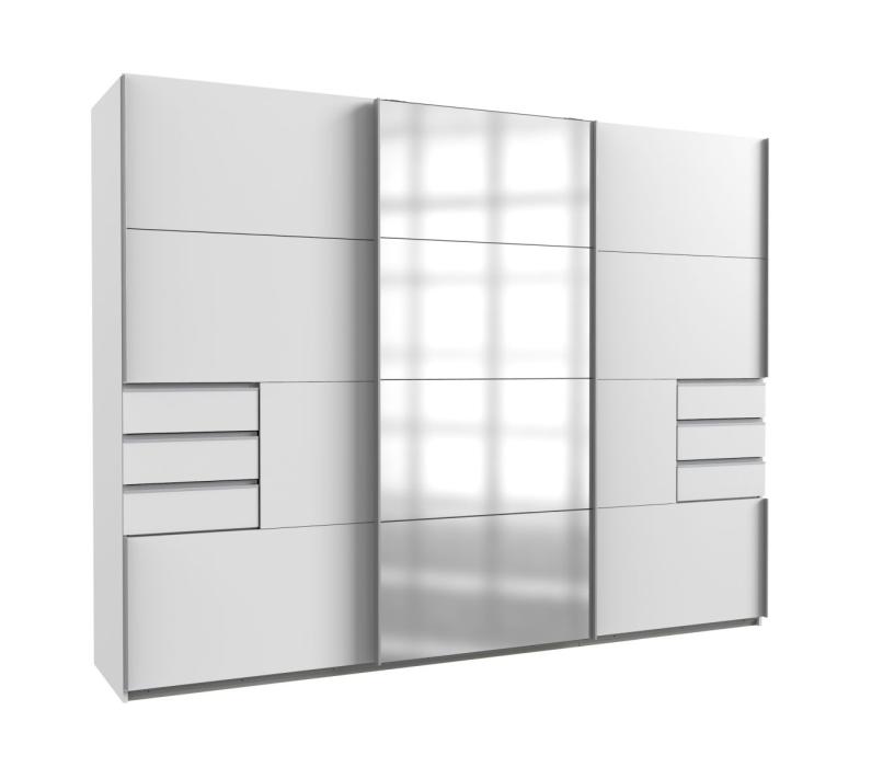 Schwebetürenschrank 270 cm breit mit Spiegel und Schubladen Weiß SAIGON