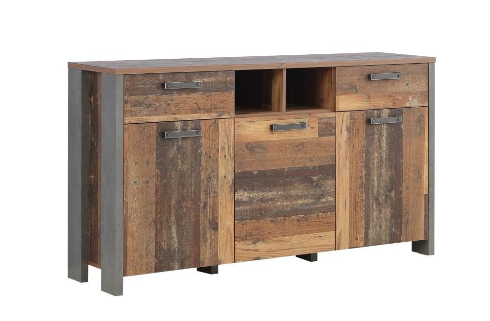 Sideboard 3-türig, 2 Schubladen CLIF von Forte Old Wood Vintage / Betonoptik Dunkelgrau