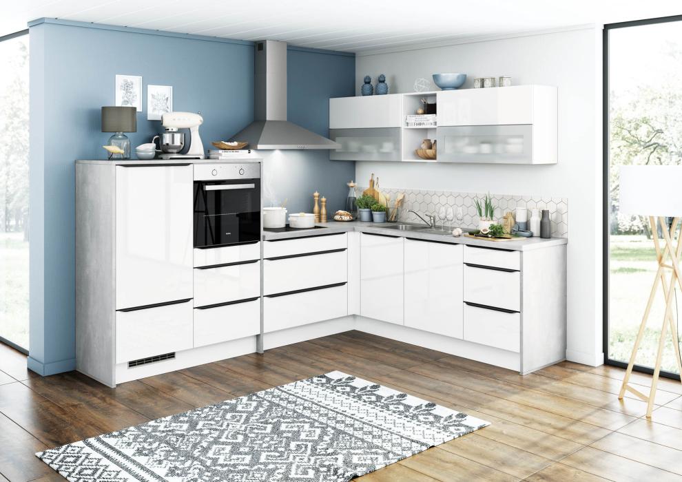 Einbauküche SUSANN 268 inkl E-Geräte und Einbauspüle ca. 283 x 229 cm von Burger Lacklaminat Polarweiß / Concrete Grey