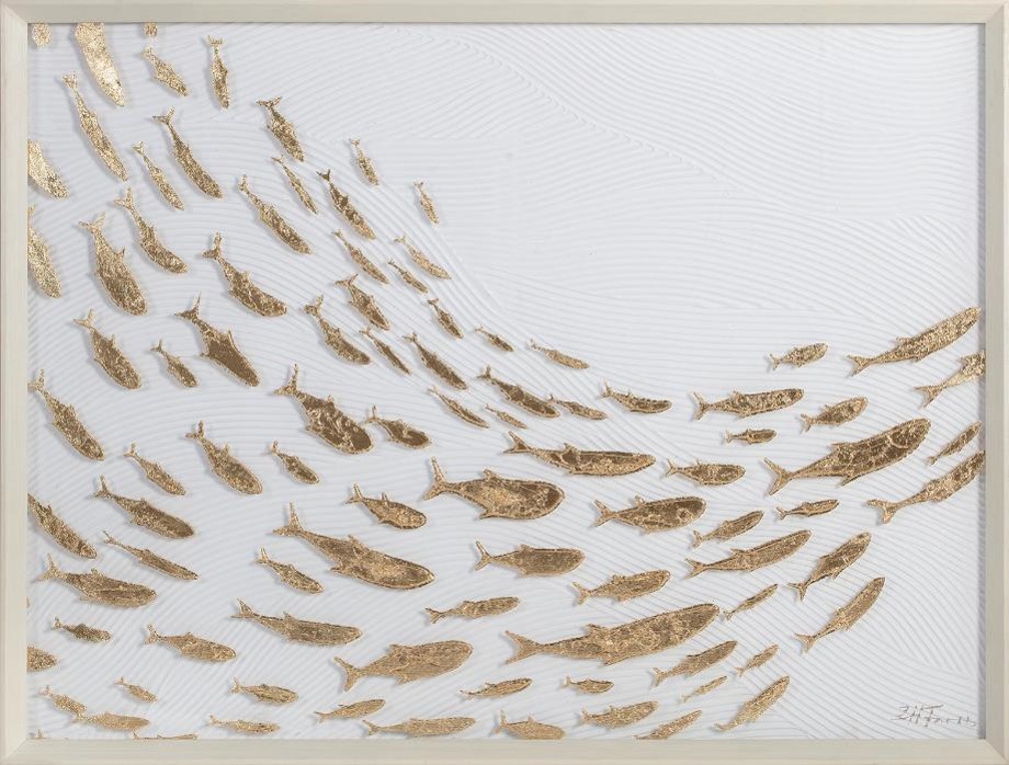 Wandbild GOLDEN FISH Leinwand Weiß / Gold