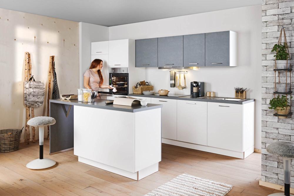 Einbauküche Win 011 inkl E-Geräte und Einbauspüle ca. 360 + 180 cm breit von Express Küchen Weiß / Stahloptik dunkel
