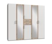 Drehtürenschrank mit Spiegel und Schubladen 225 cm breit DIVER Weiß / Eiche Sägerau NB